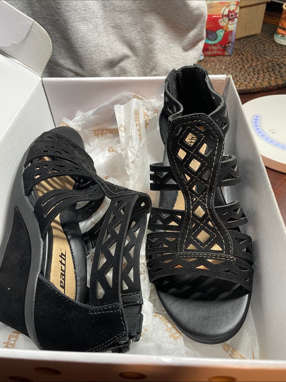Earth Women's Black Geometric Cutout Wedge Sandals